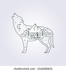 abstract adventure camp in nature with wolf illustration design, apparel printable, vector logo icon symbol design