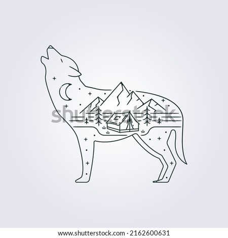 abstract adventure camp in nature with wolf illustration design, apparel printable, vector logo icon symbol design