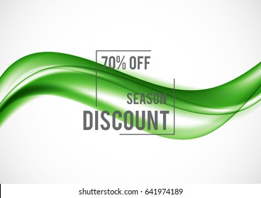 Abstract advertising sale design template with discount percentage and green elegant wavy lines in soft smooth dynamic style. Vector illustration