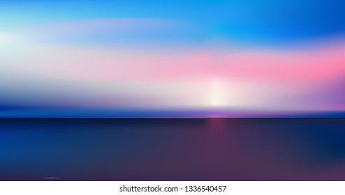 Abstract aerial panoramic view of sunrise over ocean. Nothing but blue bright sky and deep dark water. Beautiful serene scene. Romantic Vector illustration. EPS 10