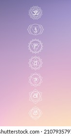 Resumen de la vista panorámica aérea de la malla de gradiente del amanecer con el conjunto de iconos de chakras: muladhara, swadhisthana, manipura, anahata, vishuddha, ajna, sahasrara. Ilustración de meditación y relajación.