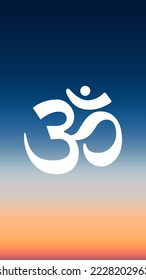 Abstract aerial vertical view of sun rise gradient mesh over ocean with chakra om icon. Nothing but sunset ombre blue sky and water. Beautiful summer serene scene. Vector illustration