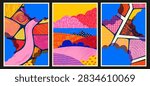Abstract aerial view of farmland fields. Contemporary vector set of geometric posters with bright color agricultural patchwork pattern, flat rural landscape seen from sky with clouds, hills and plants