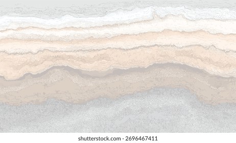 Abstract aerial view of ocean waves and sandy beach in muted beige white and grey tones