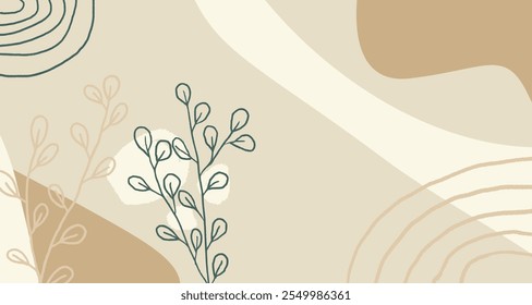Abstract aeshetic floral art background vector. minimal style wallpaper with beige line art flower and botanical leaves, Organic shapes, Watercolor. 