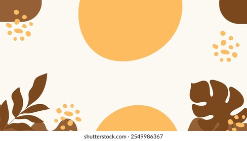 Abstract aeshetic floral art background vector. minimal style wallpaper with beige line art flower and botanical leaves, Organic shapes, Watercolor. 