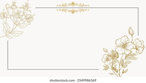 Abstract aeshetic floral art background vector. minimal style wallpaper with beige line art flower and botanical leaves, Organic shapes, Watercolor. 