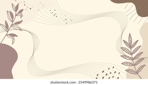 Abstract aeshetic floral art background vector. minimal style wallpaper with beige line art flower and botanical leaves, Organic shapes, Watercolor. 