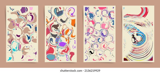 Abstract aesthetic artwork backgrounds with inked geometric rounded bubble shapes. Vector bright fashion cover template with typography and geometric ink pattern for social media stories and posts.
