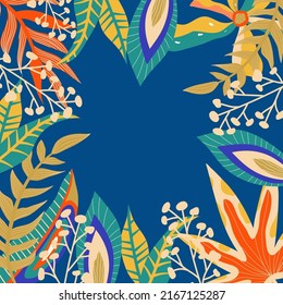 Abstract aesthetic background boho jungle with tropical leaves. Boho jungle in modern style. Ethnic leaf floral background art. Contemporary hand drawn flat design. Abstract tropical art