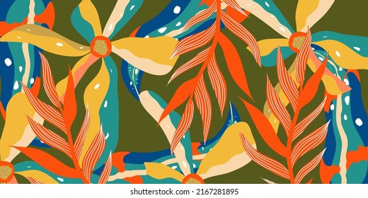 Abstract aesthetic background boho jungle with tropical leaves. Boho jungle in modern style. Ethnic leaf floral background art. Contemporary hand drawn flat design. Abstract tropical art