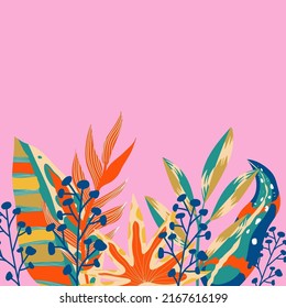 Abstract aesthetic background boho jungle with tropical leaves. Boho jungle in modern style. Ethnic leaf floral background art. Contemporary hand drawn flat design. Abstract tropical art