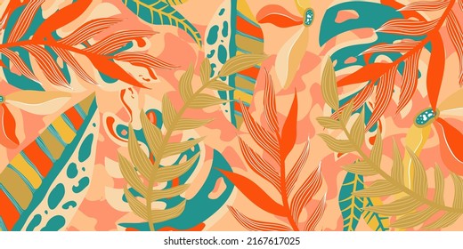 Abstract aesthetic background boho jungle with tropical leaves. Boho jungle in modern style. Ethnic leaf floral background art. Contemporary hand drawn flat design. Abstract tropical art