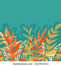 Abstract aesthetic background boho jungle with tropical leaves. Boho jungle in modern style. Ethnic leaf floral background art. Contemporary hand drawn flat design. Abstract tropical art