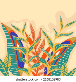 Abstract aesthetic background boho jungle with tropical leaves. Boho jungle in modern style. Ethnic leaf floral background art. Contemporary hand drawn flat design. Abstract tropical art
