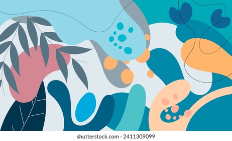 ABSTRACT AESTHETIC BACKGROUND HAND DRAWN ORGANIC SHAPE WITH LEAF PLANT ORNAMENT FLAT PASTEL COLOR DESIGN VECTOR TEMPLATE FOR WALLPAPER, COVER, POSTER 