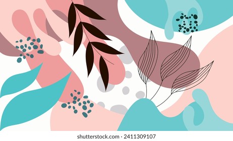 ABSTRACT AESTHETIC BACKGROUND HAND DRAWN ORGANIC SHAPE WITH LEAF PLANT ORNAMENT FLAT PASTEL COLOR DESIGN VECTOR TEMPLATE FOR WALLPAPER, COVER, POSTER 
