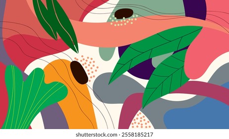 ABSTRACT AESTHETIC BACKGROUND HAND DRAWN ORGANIC SHAPE WITH LEAF PLANT ORNAMENT PASTEL FLAT COLOR DESIGN VECTOR TEMPLATE FOR WALLPAPER, COVER, POSTER 