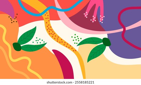 ABSTRACT AESTHETIC BACKGROUND HAND DRAWN ORGANIC SHAPE WITH LEAF PLANT ORNAMENT PASTEL FLAT COLOR DESIGN VECTOR TEMPLATE FOR WALLPAPER, COVER, POSTER 