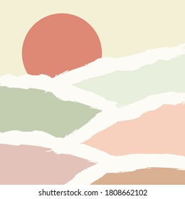 Abstract aesthetic background with landscape, desert, mountains, Sun. Earth tones. Boho wall decor. Modern minimalist art print.