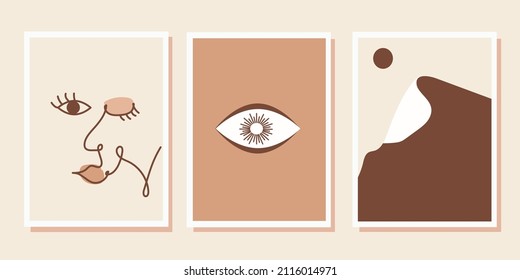 abstrakter, ästhetischer Hintergrund, in neutralen Farbtönen. Magisches Auge, Wüste mit Berg und Sonne, Portrait in einer Linie. Vektorgrafik