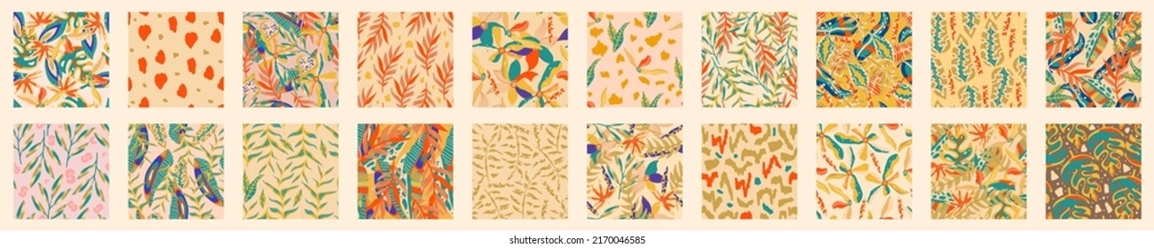 Abstrakter, ästhetischer Hintergrund setzt boho Dschungel mit tropischen Blättern. Boho Dschungel im modernen Stil. Ethnische Blätter florale Hintergrundkunst. Zeitgenössisch handgezeichnet flaches Design. Abstrakte tropische Kunst