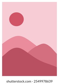 Abstractas boho estético.
Montañas de diseño de arte con color rosa.
Decoración de arte de las montañas.
Fondo estético con salida del sol, puesta del sol, montaña.
Diseño plano de color pastel.
Boho minimalista.