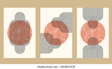 Abstract aesthetic boho textured background with arch and sun. Vector wall decor in terracota color. Mid century modern minimalist art design.