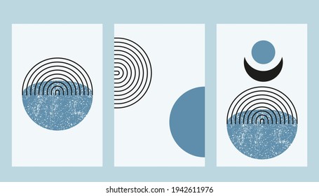 Abstract aesthetic boho textured background with arch and moon. Vector wall decor in blue pastel color. Mid century modern minimalist art design.
