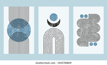 Abstract aesthetic boho textured background with arch and moon. Vector wall decor in blue pastel color. Mid century modern minimalist art design.