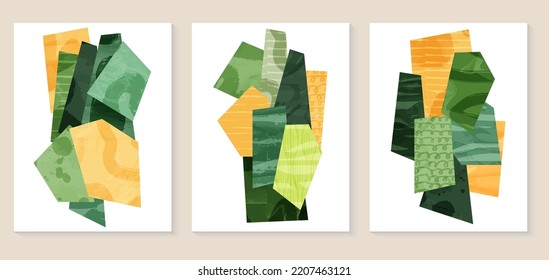 Abstract aesthetic eco green collage design. Organic nature shape vector illustration. Landscape pattern composition. Geometric field ornament. Contemporary poster collection, modern field background