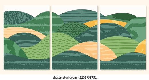 Abstract aesthetic eco green collage design. Organic nature shape vector illustration. Landscape pattern composition. Geometric field ornament. Contemporary poster collection, modern field background