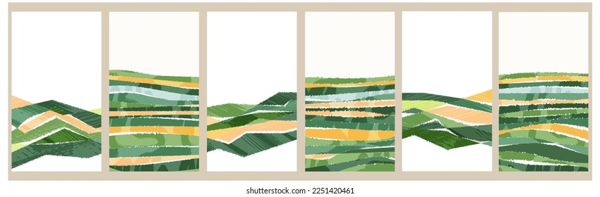 Abstract aesthetic eco green collage design. Organic nature shape vector illustration. Landscape pattern composition. Geometric field ornament. Contemporary poster collection, modern field background