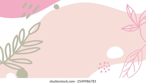 Abstract aesthetic floral art background vector. Mminimal style wallpaper with pink pastel and soft line art flower and botanical leaves, Organic shapes, Watercolor. 