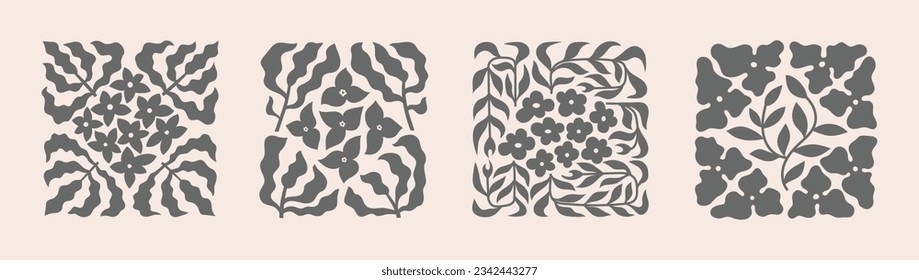 Abstract aesthetic floral wall art designs on beige background. Black botanical retro templates for poster, banner, card.