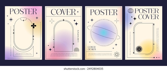 Abstract aesthetic gradient background, y2k posters. Abstract modern backgrounds with bright color spots and brutalism elements. Vector vertical cover templates with geometric figures, linear shapes