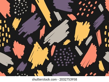 Abstract aesthetic hand drawn brush strokes, spot seamless pattern on black background. Vector illustration