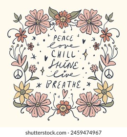 Abstract aesthetic hippie lettering spring or summer lettering wellness hand-drawn font postcard with flowers and leaves in light pastel beige, yellow and pink color palette. Greeting card template