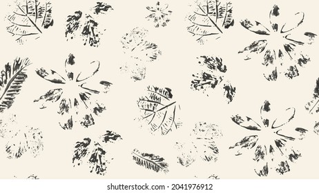 Abstract aesthetic horizontal web poster. Stamps of black plants and leaves on a beige background. Beautiful seamless vintage minimalist illustration for interior design, textiles, covers.