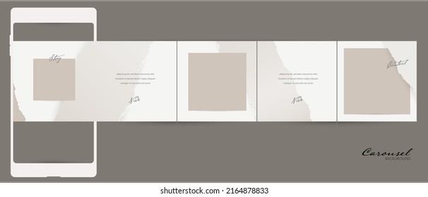 Abstract Aesthetic Instagram Social Media Post Carousel  Template. Background In Beige Nude Color With Paper Texture Pattern. Natural, Calm Simple Style For Beauty, Make Up, Wedding Content