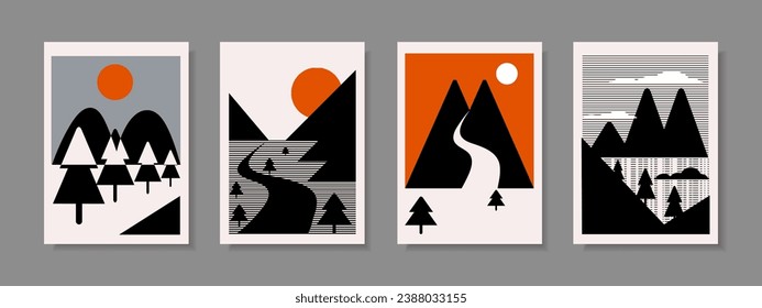 Abstract aesthetic landscape, mountain, hill and peak wall decor vector set. Black and white vintage flat art prints design.