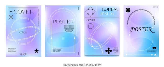 Abstract aesthetic purple y2k gradient posters with modern blur background, line frames and shapes. Vector templates of social media poster or cover with minimal art abstract sun, stars and sparkles