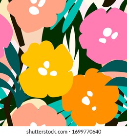 Abstract aesthetic seamless pattern with abstract natural shapes, leaves and flowers. Abstract contemporary floral collage illustration. Greeting card template, wall art, social media post, packaging