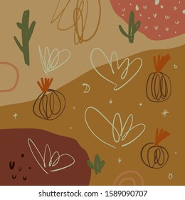 Abstract aesthetic spring or summer cacti pattern with abstract shapes at sand color background. Wall art, social media post or packaging