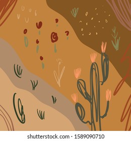 Abstract aesthetic spring or summer cacti pattern with abstract shapes at sand color background. Wall art, social media post or packaging