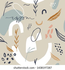 Abstract aesthetic spring or summer seamless pattern with abstract shapes and leaves in light pastel beige and white color background. Greeting card template, wall art, social media post, packaging