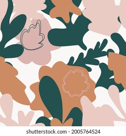 Resumen de resorte estético o verano sin costuras con formas abstractas y hojas en color beige y blanco pastel claro. Plantilla de tarjeta de felicitación, arte mural, publicación en redes sociales, embalaje