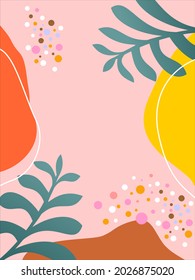 Abstract aesthetic spring or summer seamless pattern with abstract shapes and leaves . Greeting card template, wall art, social media post, packaging