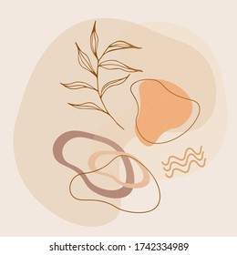 Abstract aesthetic summer with shapes and leaves in light pastel beige. 