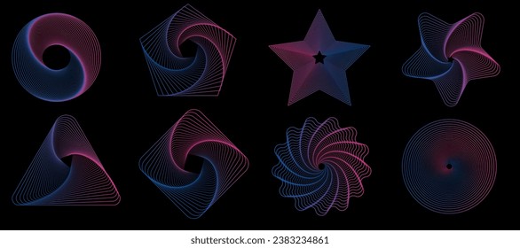 Abstract aesthetic y2k geometric elements and 3D wireframe shapes collection. Gradient retro line design elements. Vector illustration for social networks or posters. 